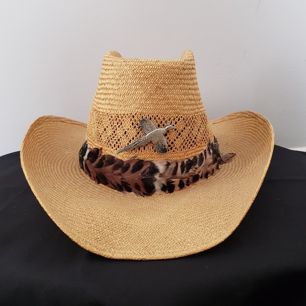 Vintage Adam Western 101 Corral Mens Straw Cowboy Hat SZ 7 Ranch Feather Band